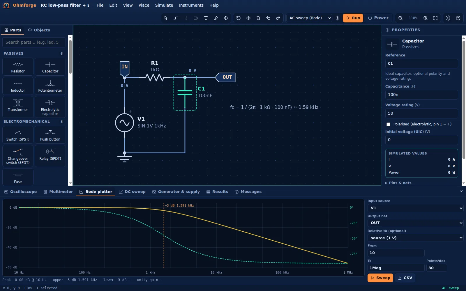 RC low-pass filter with the Bode plotter showing the −3 dB corner at 1.59 kHz