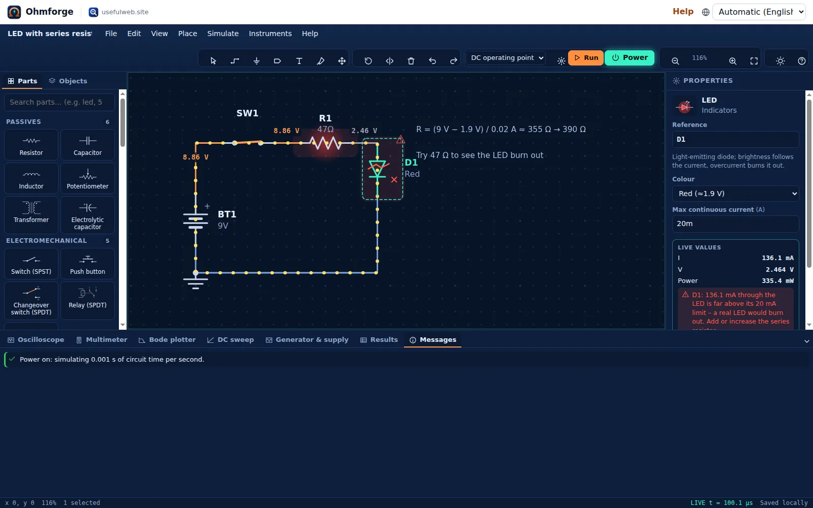 LED without enough series resistance shown burnt with a stress warning