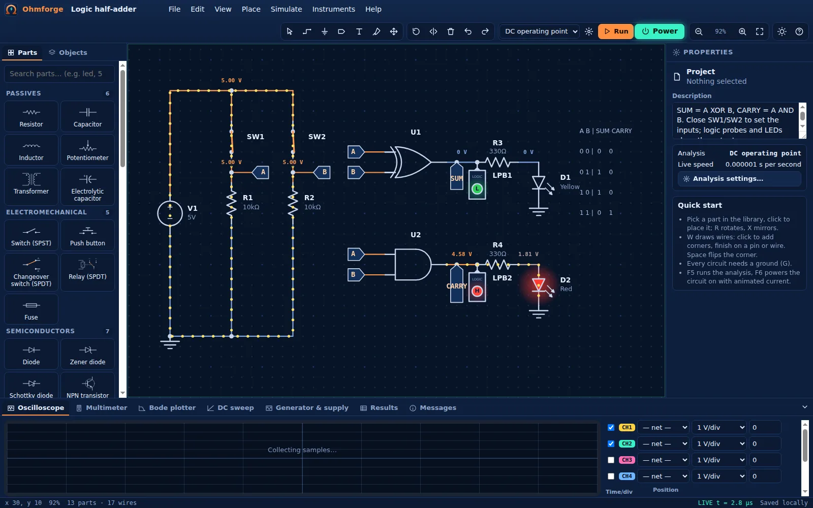 Logic half-adder with switches, logic probes and LEDs