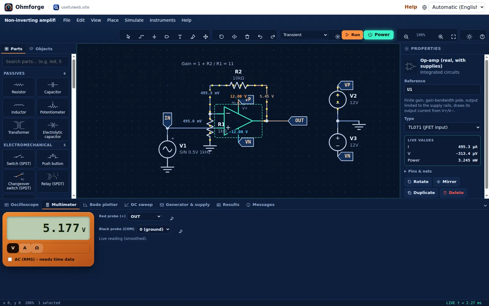 Non-inverting op-amp with the multimeter and properties inspector