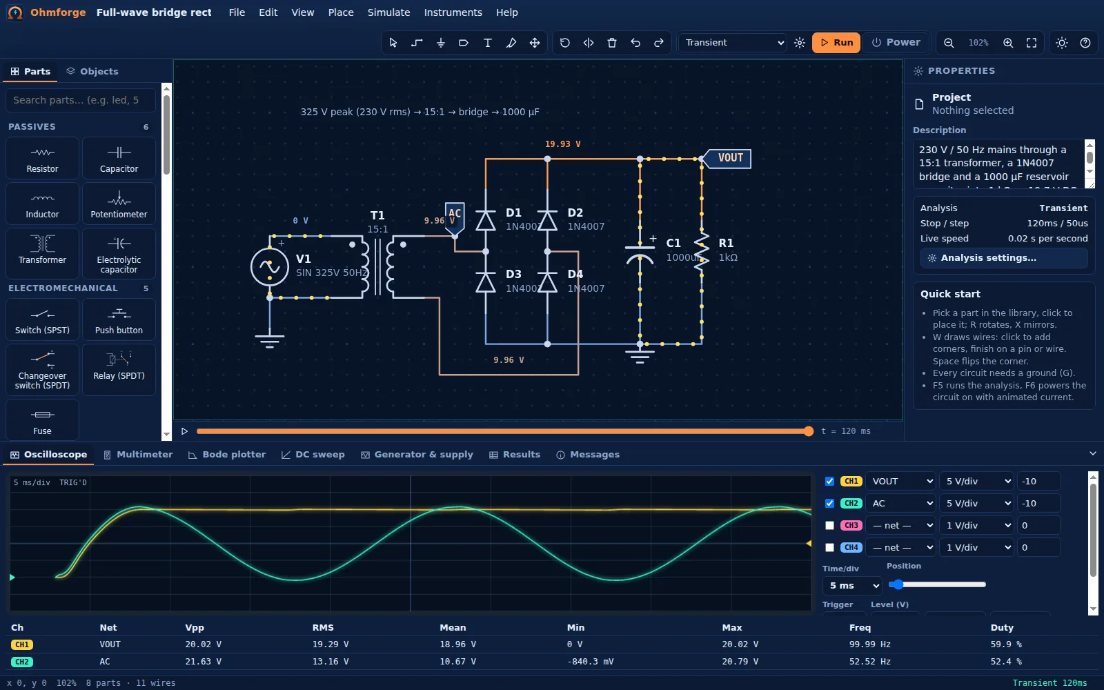 Full-wave bridge rectifier with smoothing capacitor and ripple on the oscilloscope