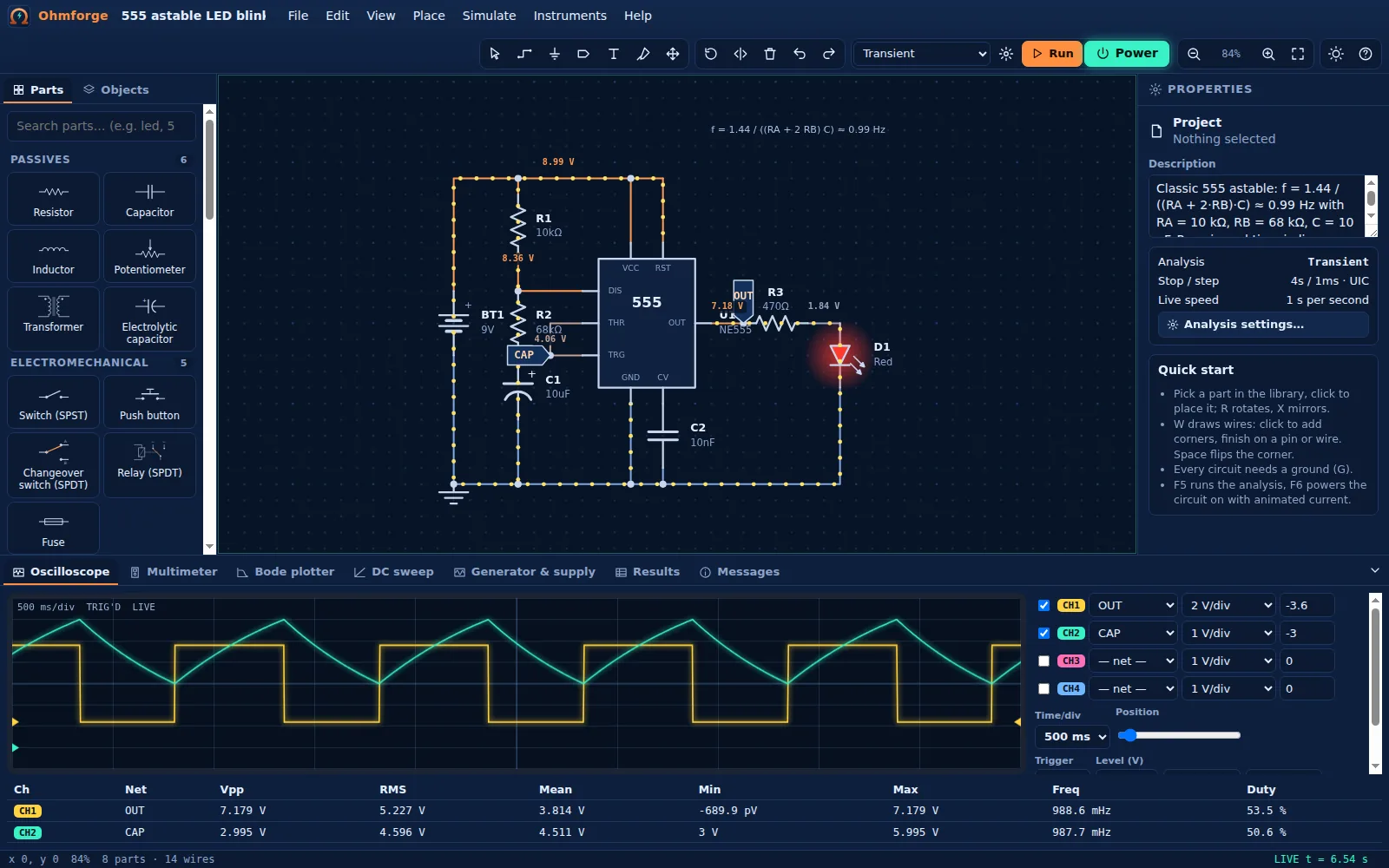 555 astable blinker running live with the oscilloscope showing the output and capacitor voltage