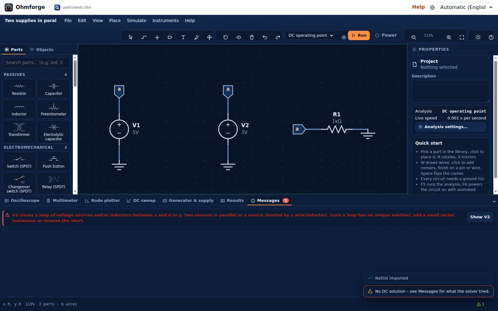 Messages tab explaining that V2 closes a loop of voltage sources, with a Show V2 button