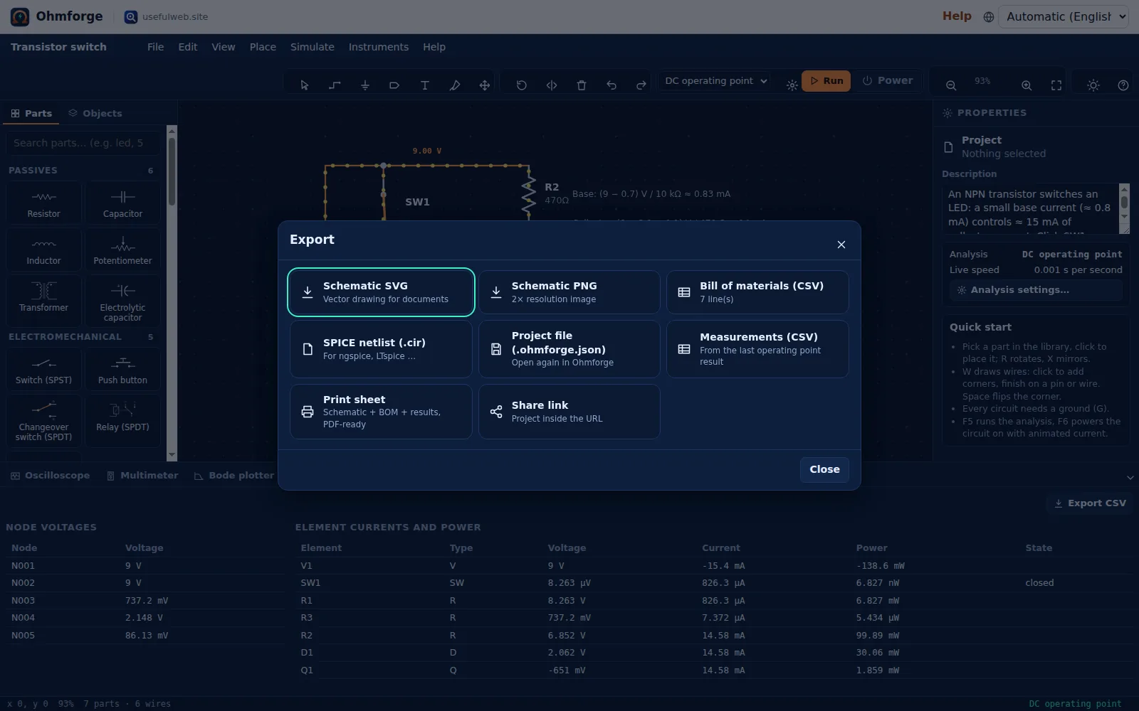 Export dialog: SVG, PNG, bill of materials, SPICE netlist, project file, measurements, print sheet and share link