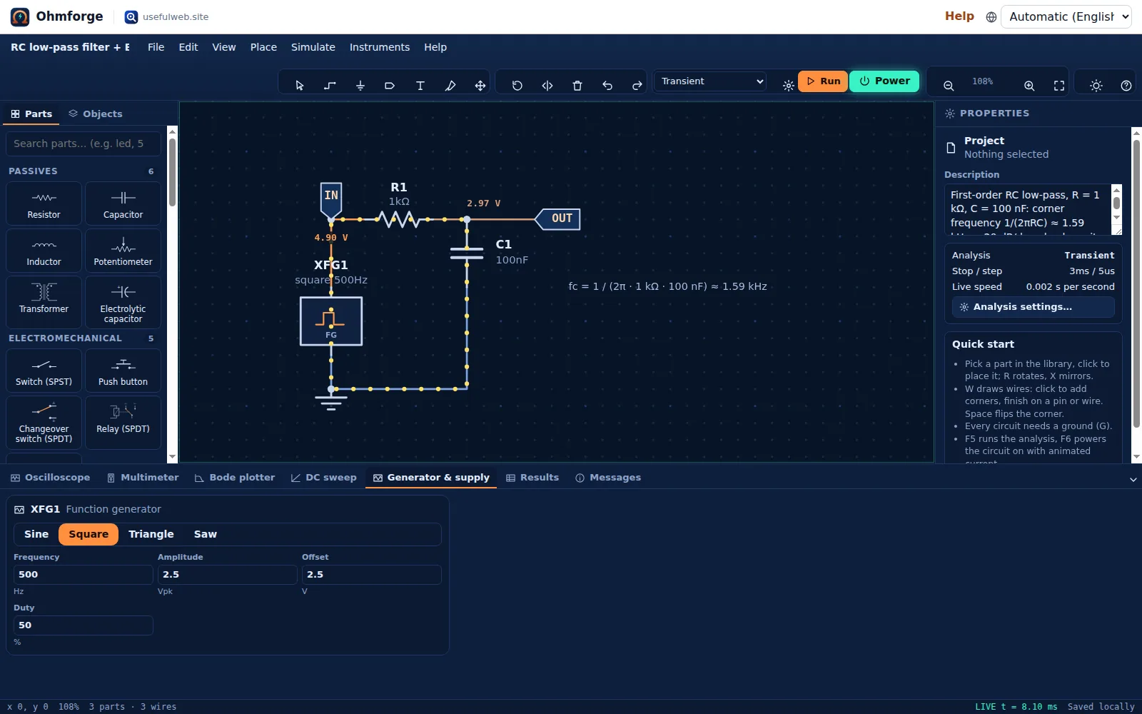 Function generator front panel while the circuit is powered on