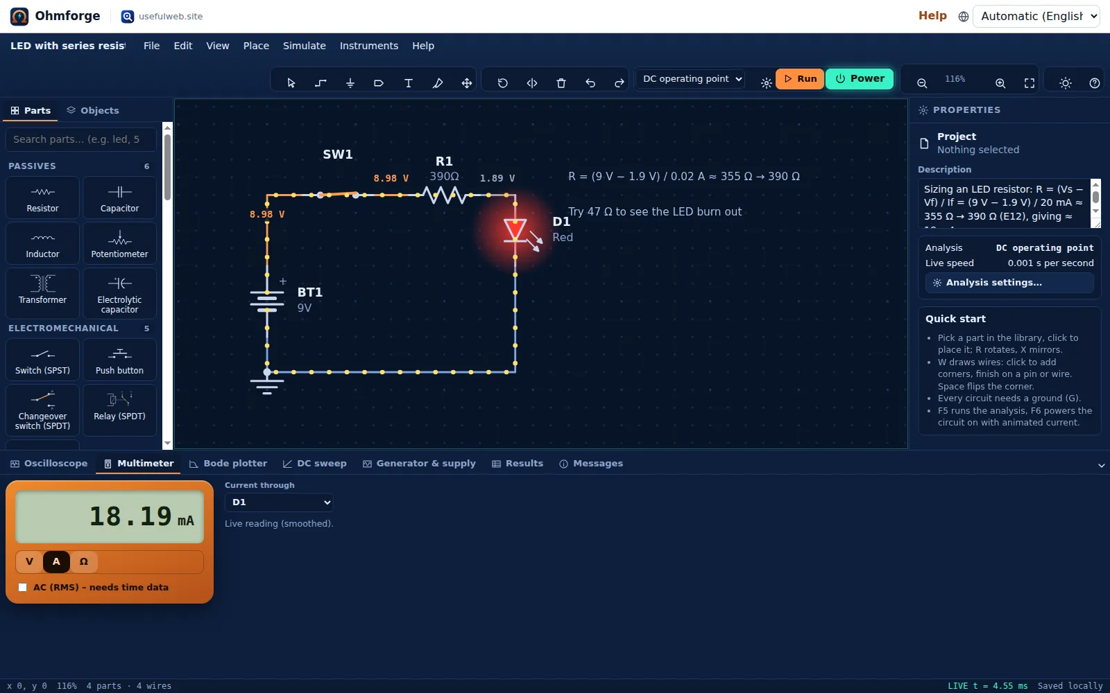LED circuit powered on with the multimeter reading 18.19 mA through the LED