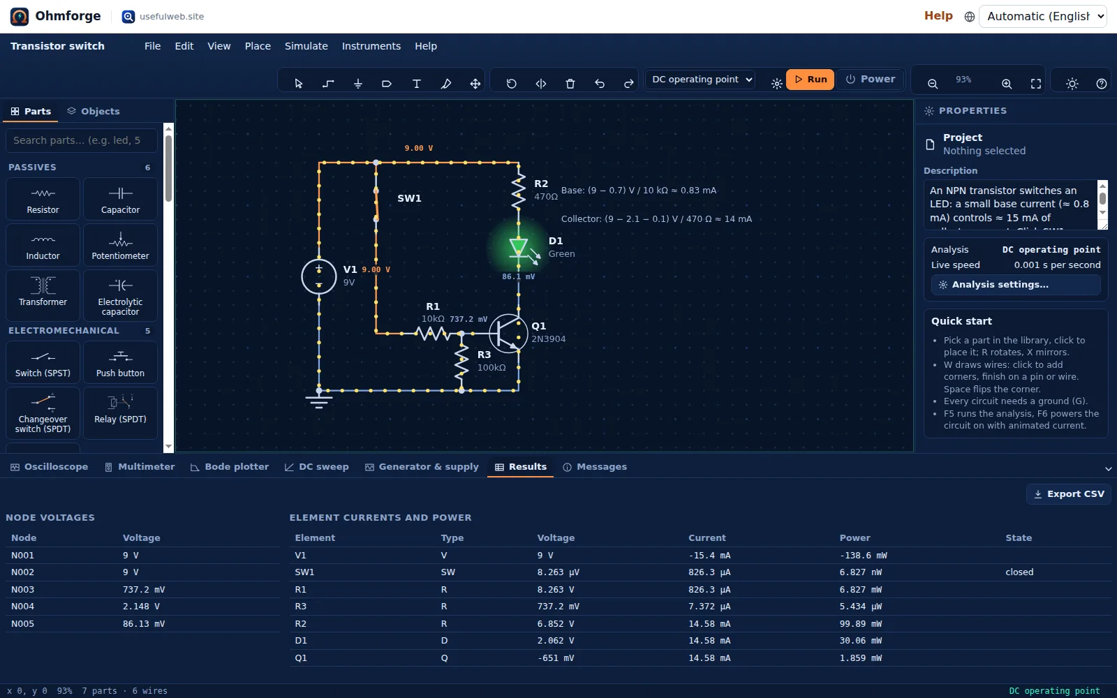 Transistor switch with its operating point: node voltages and element currents in the results table